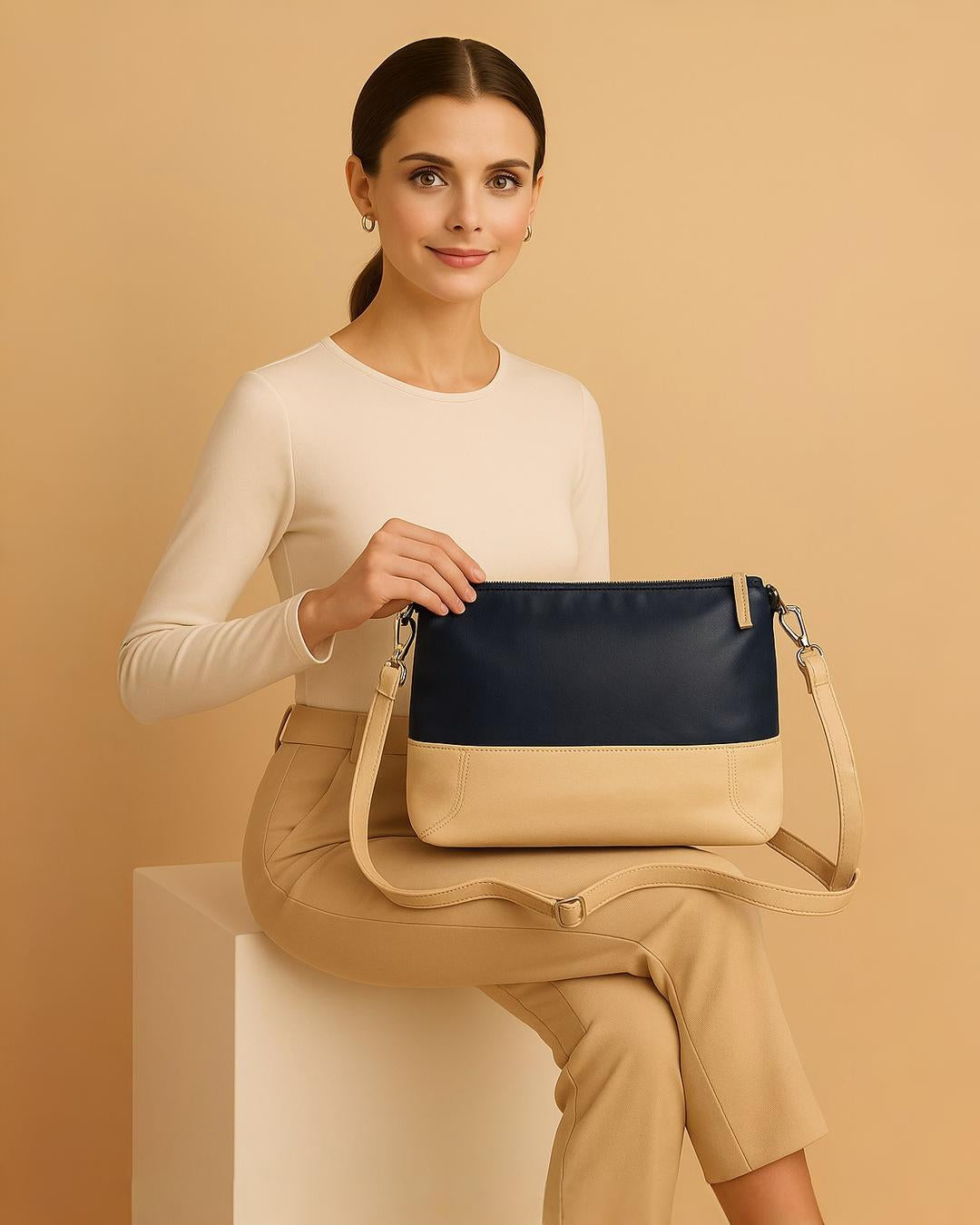 Classic Blue & Beige Genuine Pure Leather Bag – Built to Last, Styled to Impress